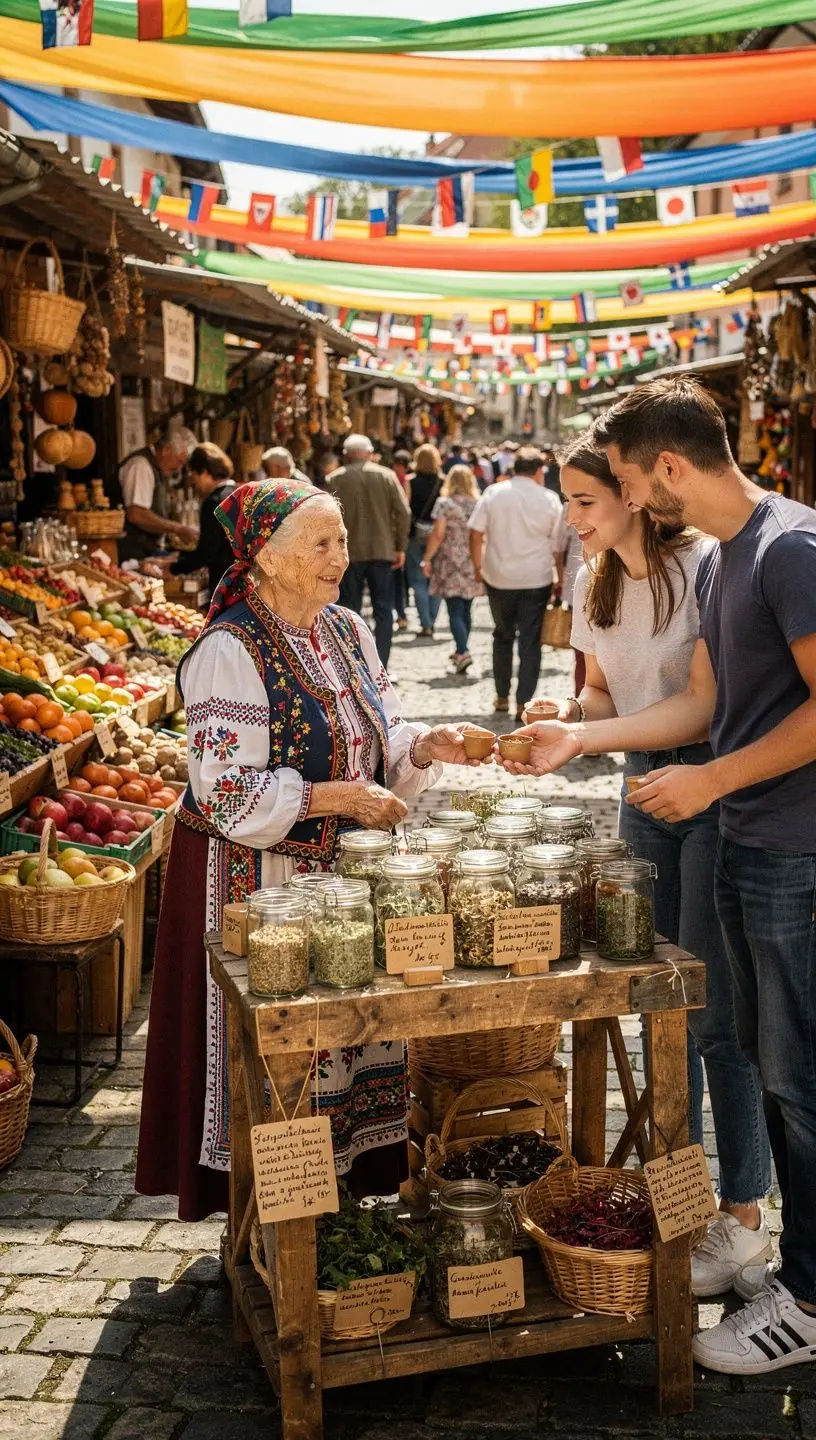 Čajová súprava s krásnymi ornamentmi a čerstvými bylinkami.