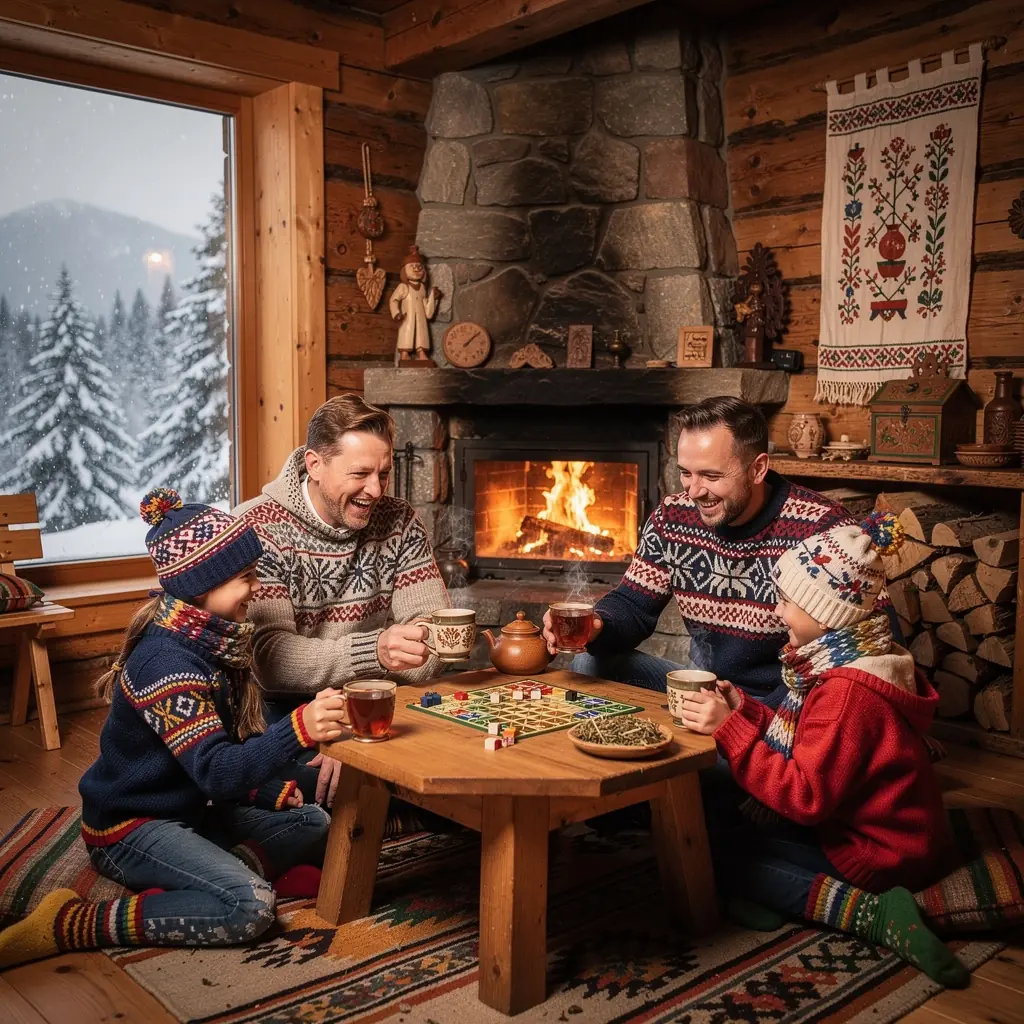 Rodinný okamih pri pití čaju, s úsmevmi a pohľadmi plnými pokoja.