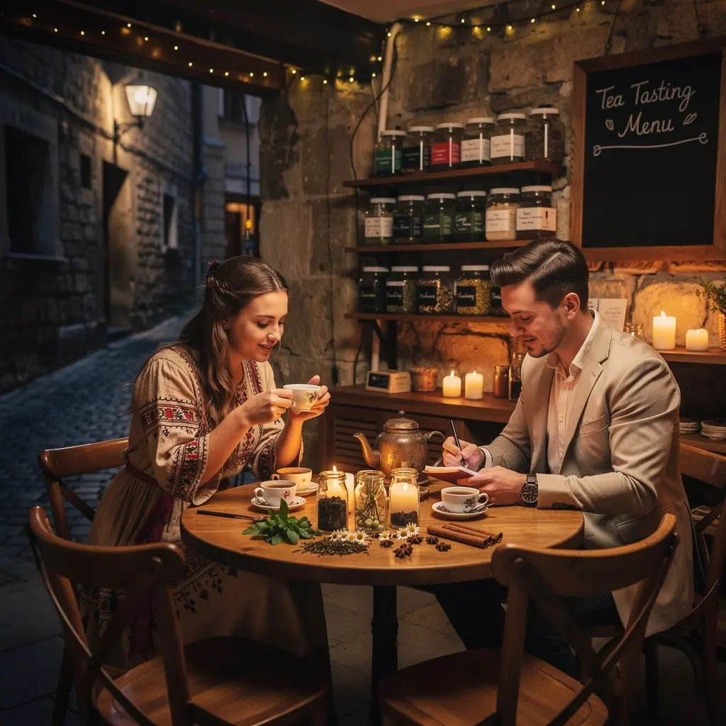 Čajová miešanica v balení so zlatým logom a prírodnými ingredienciami.