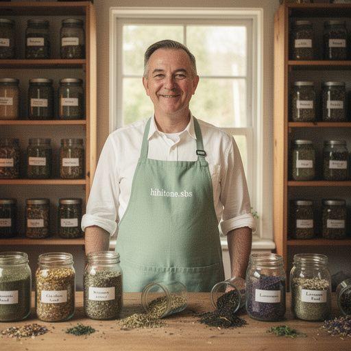 Zelený čaj s bylinkami na drevenom stole, obklopený čerstvými kvetmi.