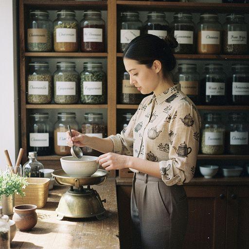 Kreatívne zloženie tradičných bylinkových čajov v elegantnej šálke.
